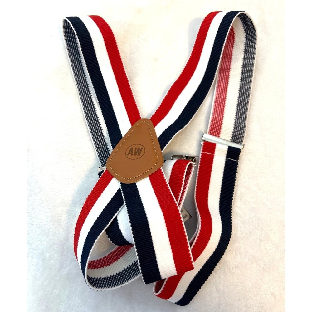 Mens Suspenders AW ONE SIZE Red white blue Patriotic USA Leather and silvertone